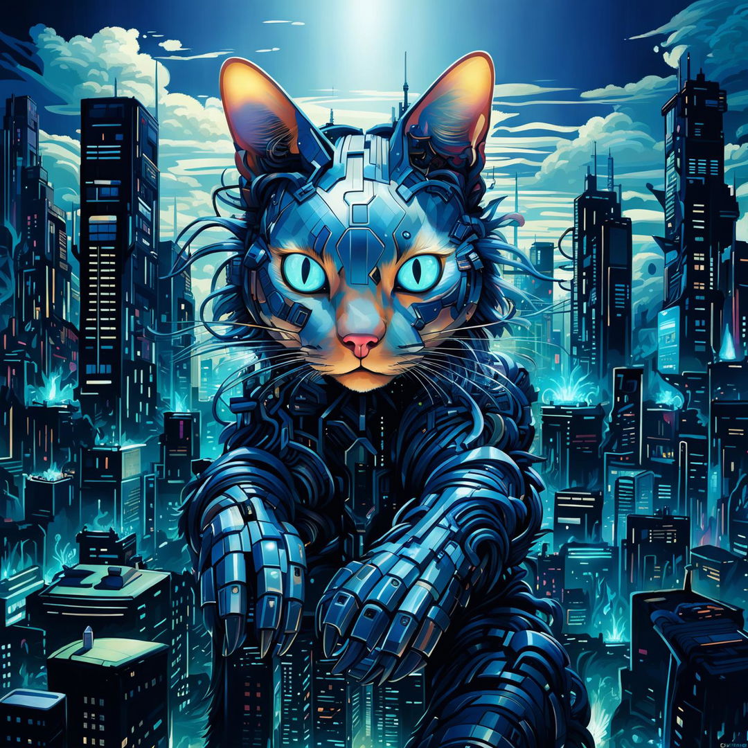 A digital art piece featuring a techno-organic cat in a cityscape that blends nature and technology.