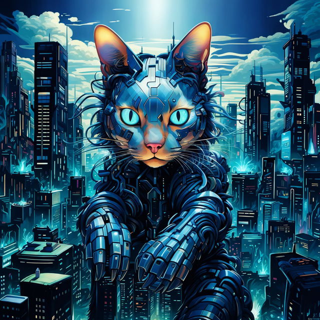 A digital art piece featuring a techno-organic cat in a cityscape that blends nature and technology.