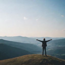 A person standing on top of a tall hill, arms spread wide against a breathtaking backdrop of open skies and vast landscapes, embodying the feeling of freedom.