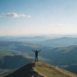 A person standing on top of a tall hill, arms spread wide against a breathtaking backdrop of open skies and vast landscapes, embodying the feeling of freedom.