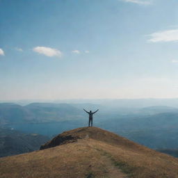 A person standing on top of a tall hill, arms spread wide against a breathtaking backdrop of open skies and vast landscapes, embodying the feeling of freedom.