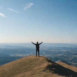 A person standing on top of a tall hill, arms spread wide against a breathtaking backdrop of open skies and vast landscapes, embodying the feeling of freedom.