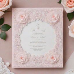 Elegant wedding invitation with intricate lace border, soft pastel colours, calligraphy fonts and decorative elements such as roses and doves.