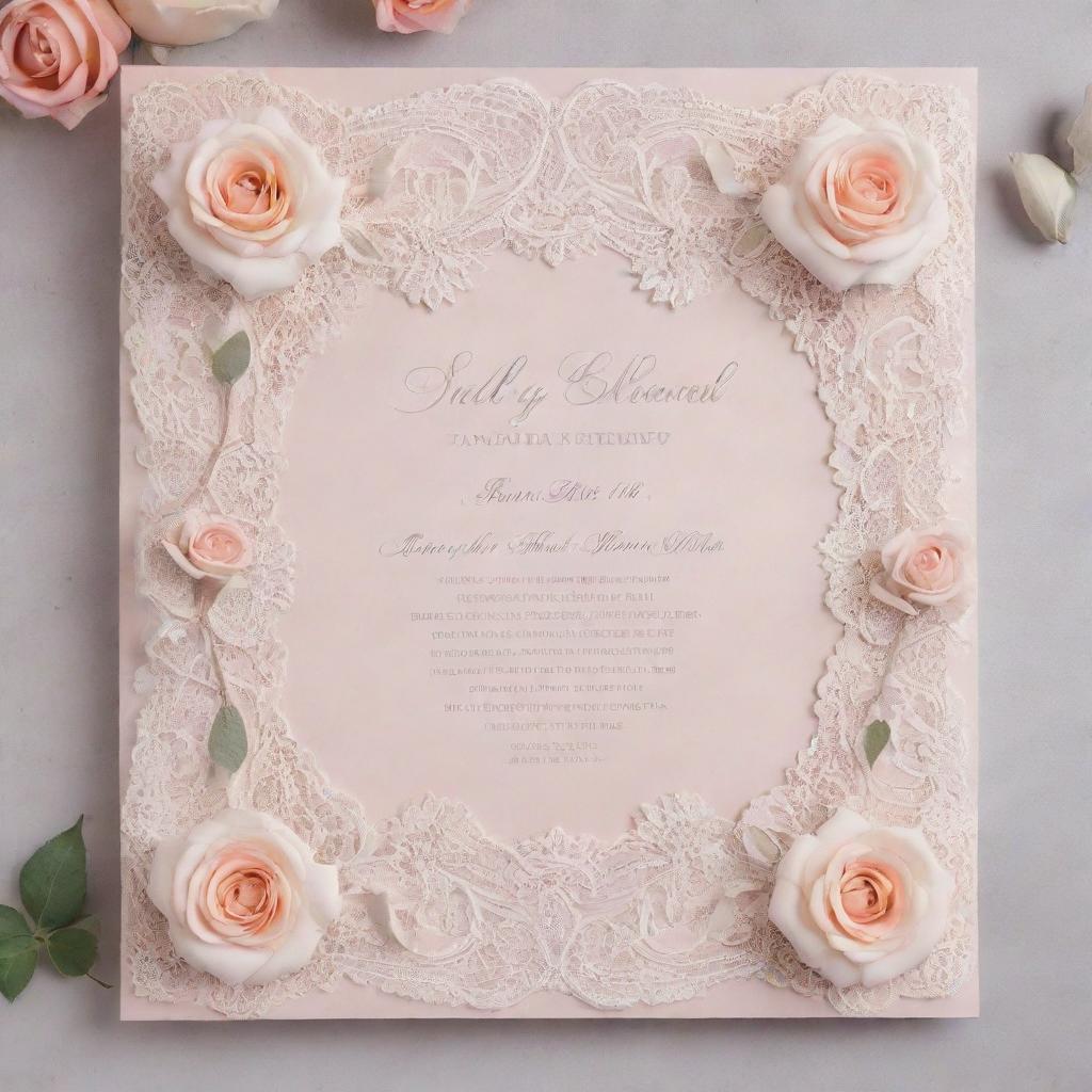 Elegant wedding invitation with intricate lace border, soft pastel colours, calligraphy fonts and decorative elements such as roses and doves.