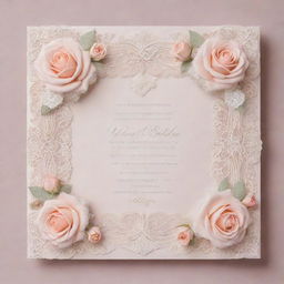 Elegant wedding invitation with intricate lace border, soft pastel colours, calligraphy fonts and decorative elements such as roses and doves.