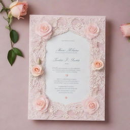 Elegant wedding invitation with intricate lace border, soft pastel colours, calligraphy fonts and decorative elements such as roses and doves.