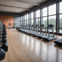 A large gym containing various types of fitness equipment at the end of the room in an aspect ratio of 16:9.