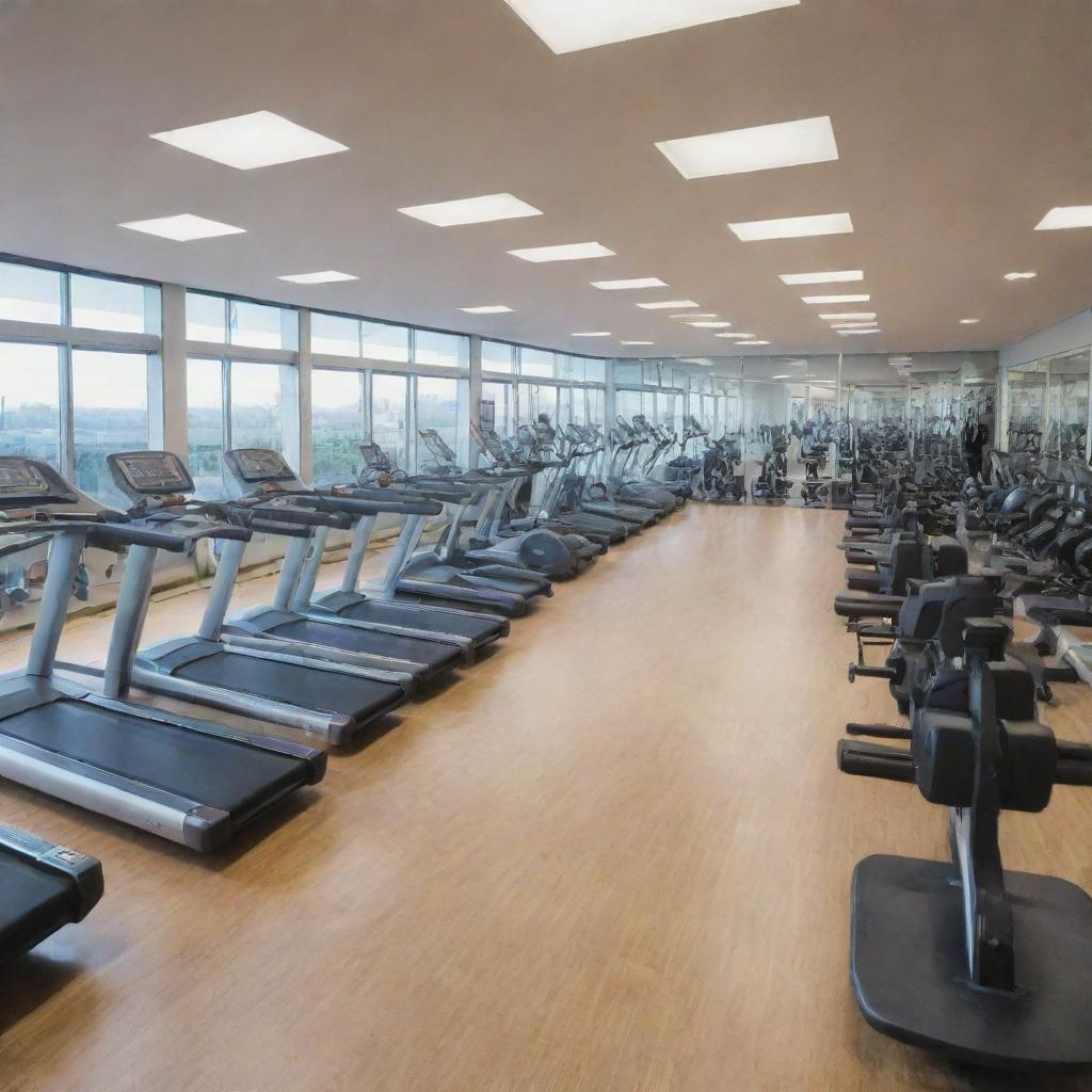 A large gym containing various types of fitness equipment at the end of the room in an aspect ratio of 16:9.