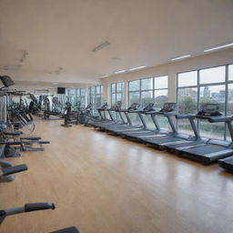 A large gym containing various types of fitness equipment at the end of the room in an aspect ratio of 16:9.