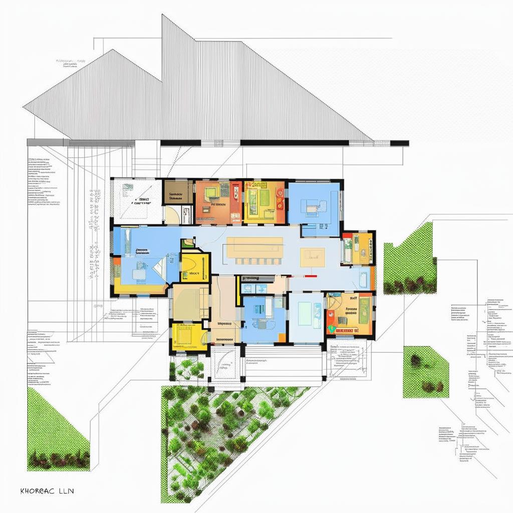 Generate a detailed modern house plan with clear annotations for each room and feature.