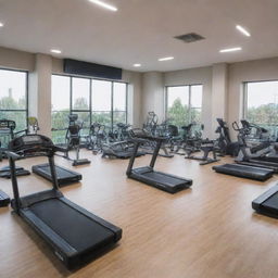 A large gym containing various types of fitness equipment at the end of the room in an aspect ratio of 16:9.