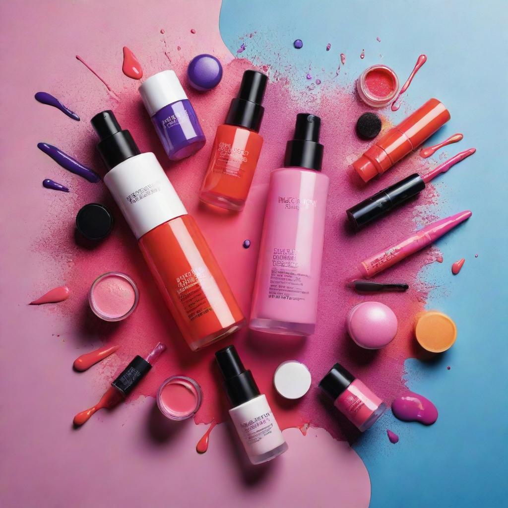 Create a vibrant and enticing poster showcasing a range of high-end beauty products surrounded by splashes of bold, contrasting colors