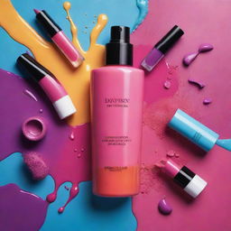 Create a vibrant and enticing poster showcasing a range of high-end beauty products surrounded by splashes of bold, contrasting colors