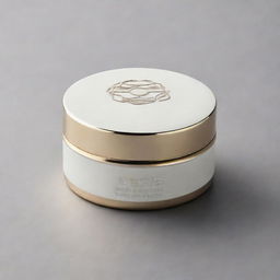 A sleek and modern face cream container with a metallic finish, boasting an intricate logo design.