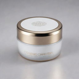 A sleek and modern face cream container with a metallic finish, boasting an intricate logo design.