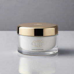 A sleek and modern face cream container with a metallic finish, boasting an intricate logo design.