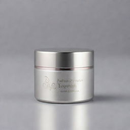 A sleek and modern face cream container with a metallic finish, boasting an intricate logo design.