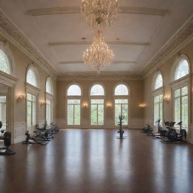 A grand salon at 9:16 with bodybuilding equipment at the end of the room