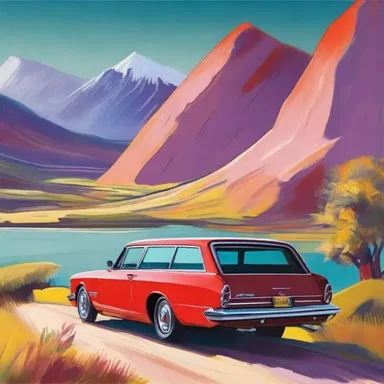 The painter used bold brushstrokes and vibrant colors to depict a luxurious shooting brake parked in a picturesque landscape.