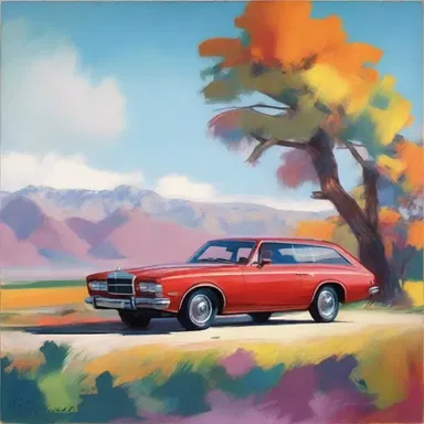 The painter used bold brushstrokes and vibrant colors to depict a luxurious shooting brake parked in a picturesque landscape.