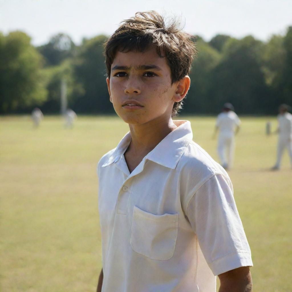 A young boy named Ali wearing a shirt, intensely engaged in a cricket match on a sunlit field. Sweat drips down his face demonstrating his determination and grit.