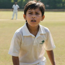 A young boy named Ali wearing a shirt, intensely engaged in a cricket match on a sunlit field. Sweat drips down his face demonstrating his determination and grit.