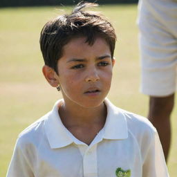 A young boy named Ali wearing a shirt, intensely engaged in a cricket match on a sunlit field. Sweat drips down his face demonstrating his determination and grit.