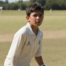 A young boy named Ali wearing a shirt, intensely engaged in a cricket match on a sunlit field. Sweat drips down his face demonstrating his determination and grit.