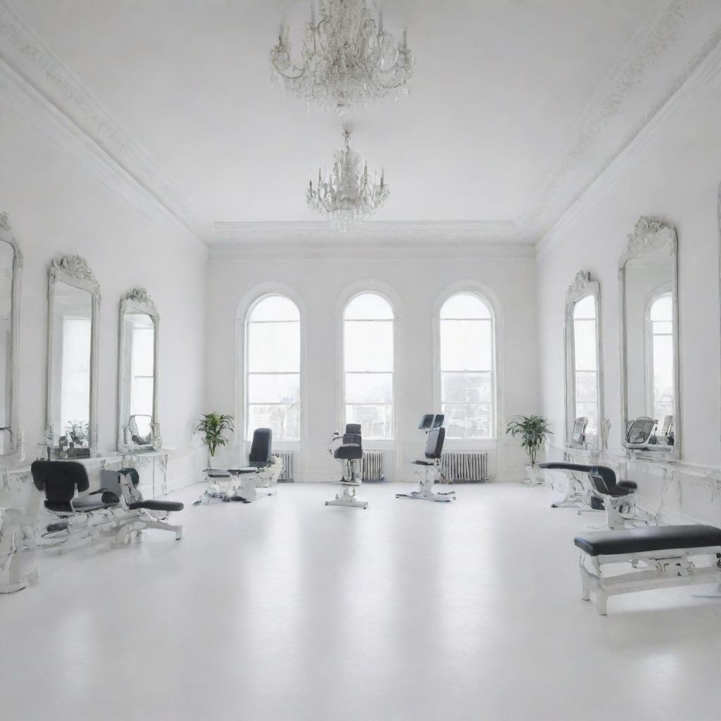 A grand, white salon, filled with fitness equipment arranged at the far end, imbued with a 9:16 aspect ratio.