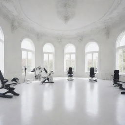 A grand, white salon, filled with fitness equipment arranged at the far end, imbued with a 9:16 aspect ratio.