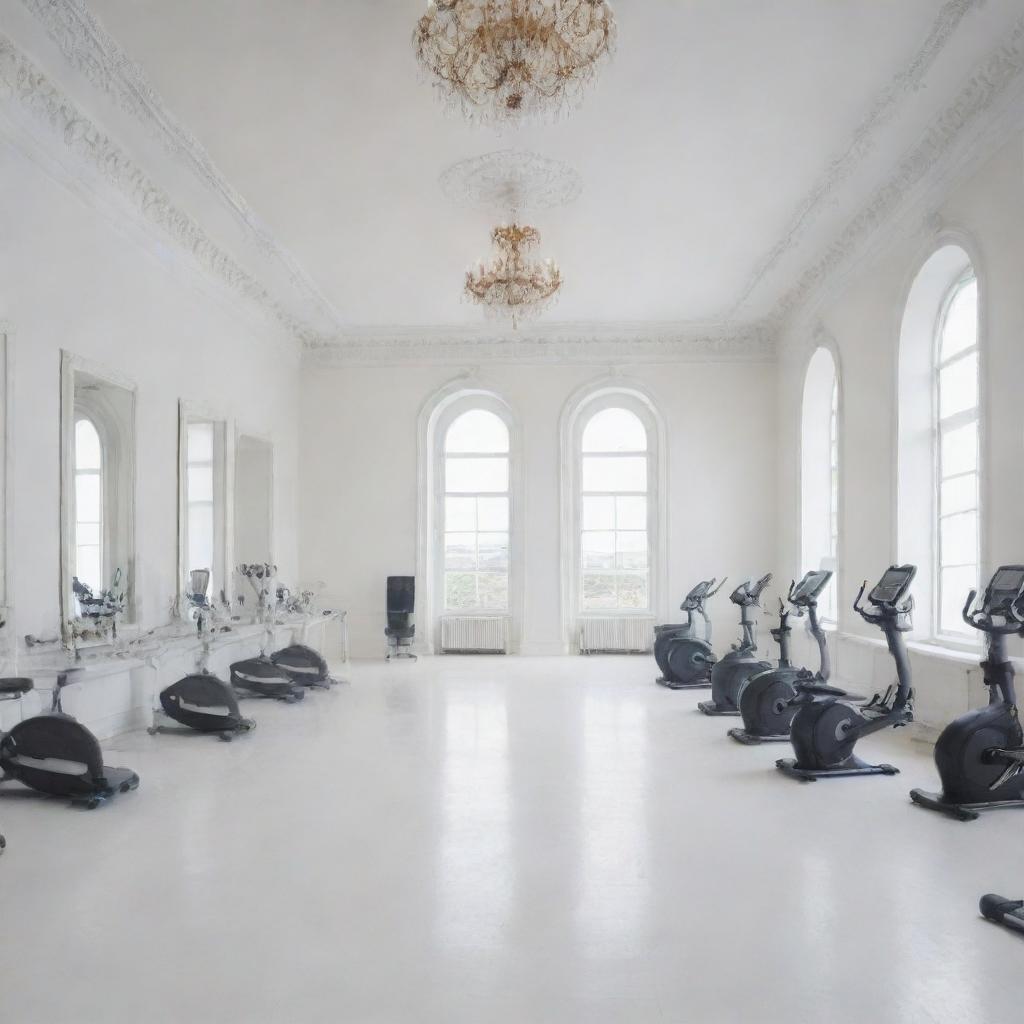 A grand, white salon, filled with fitness equipment arranged at the far end, imbued with a 9:16 aspect ratio.