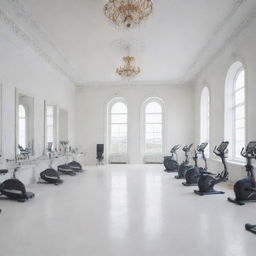 A grand, white salon, filled with fitness equipment arranged at the far end, imbued with a 9:16 aspect ratio.