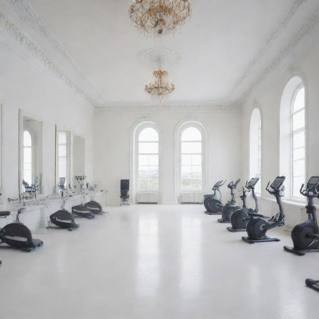 A grand, white salon, filled with fitness equipment arranged at the far end, imbued with a 9:16 aspect ratio.