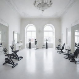 A grand, white salon, filled with fitness equipment arranged at the far end, imbued with a 9:16 aspect ratio.