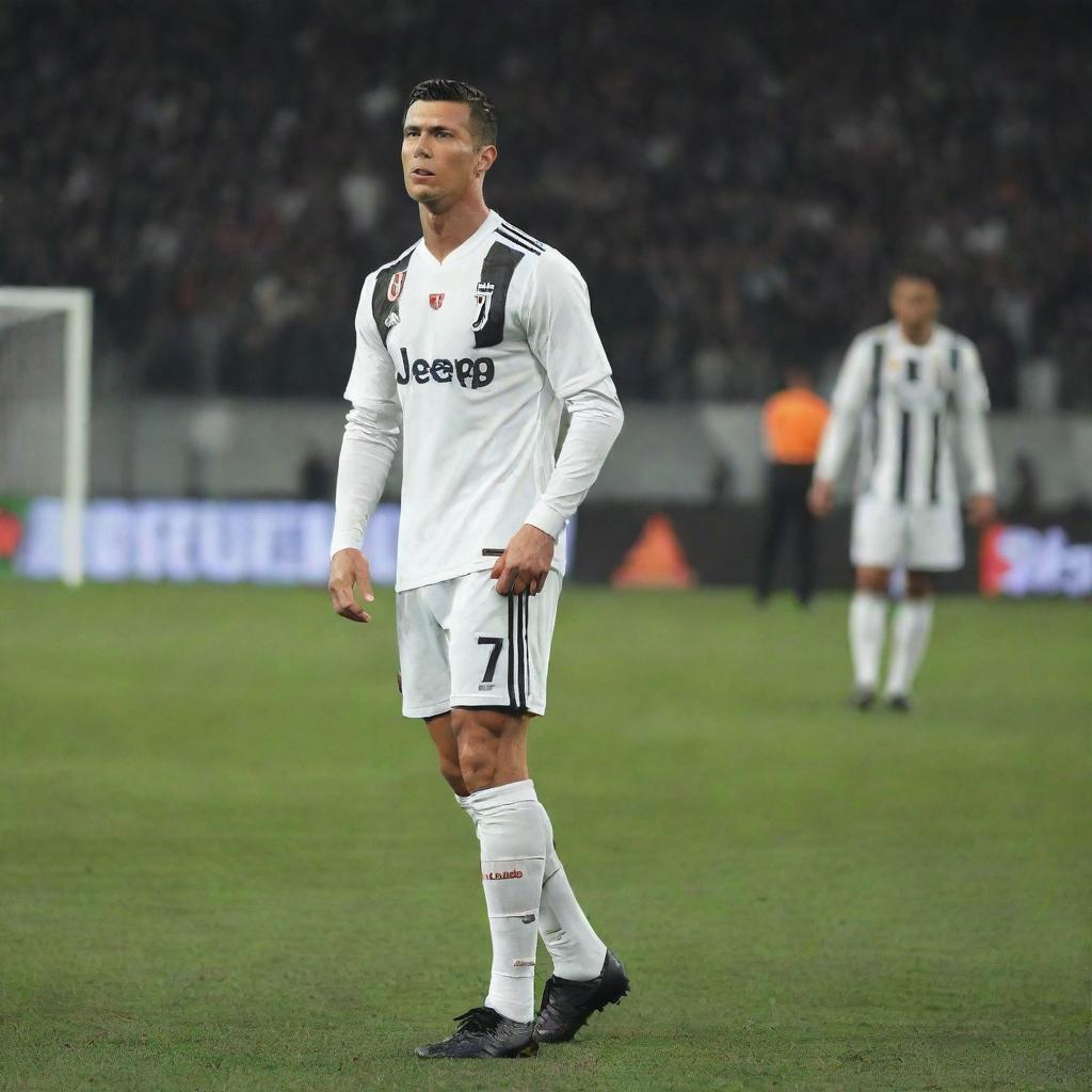 Cristiano Ronaldo, a football great, elegantly poised on the football field. He is garbed in his Juventus uniform and about to take a free-kick with the audience in the background.