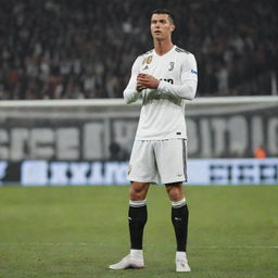 Cristiano Ronaldo, a football great, elegantly poised on the football field. He is garbed in his Juventus uniform and about to take a free-kick with the audience in the background.