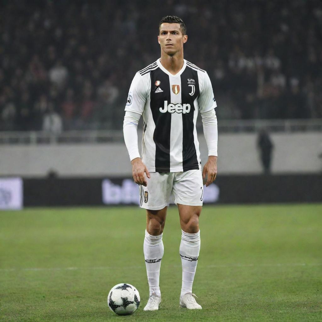 Cristiano Ronaldo, a football great, elegantly poised on the football field. He is garbed in his Juventus uniform and about to take a free-kick with the audience in the background.