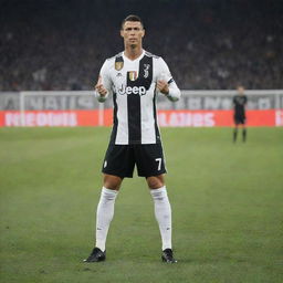 Cristiano Ronaldo, a football great, elegantly poised on the football field. He is garbed in his Juventus uniform and about to take a free-kick with the audience in the background.