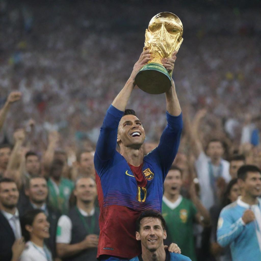 A jubilant Cristiano Ronaldo hoisting the World Cup trophy, Lionel Messi standing respectfully in the background acknowledging the victory. The vibrant excitement of the crowd floods the stadium.