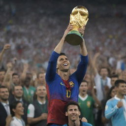 A jubilant Cristiano Ronaldo hoisting the World Cup trophy, Lionel Messi standing respectfully in the background acknowledging the victory. The vibrant excitement of the crowd floods the stadium.