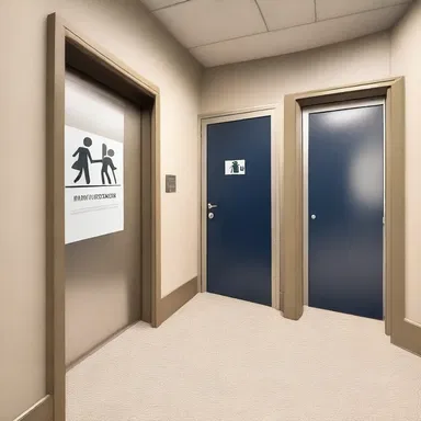 The architect included monition signs throughout the building to ensure occupants are aware of the emergency exits.