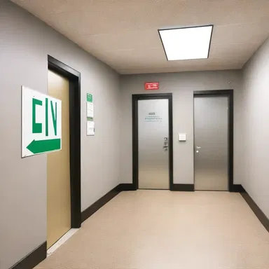 The architect included monition signs throughout the building to ensure occupants are aware of the emergency exits.