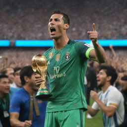 A jubilant Cristiano Ronaldo hoisting the World Cup trophy, Lionel Messi standing respectfully in the background acknowledging the victory. The vibrant excitement of the crowd floods the stadium.