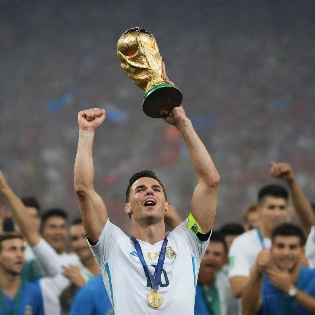 A jubilant Cristiano Ronaldo hoisting the World Cup trophy, Lionel Messi standing respectfully in the background acknowledging the victory. The vibrant excitement of the crowd floods the stadium.