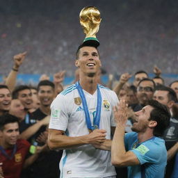 A jubilant Cristiano Ronaldo hoisting the World Cup trophy, Lionel Messi standing respectfully in the background acknowledging the victory. The vibrant excitement of the crowd floods the stadium.