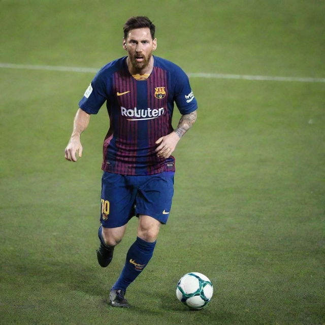 Lionel Messi, world-class footballer, decked in his iconic FC Barcelona kit, adeptly manoeuvring the ball on the lush green soccer pitch, with an array of astonished fans watching in the background.