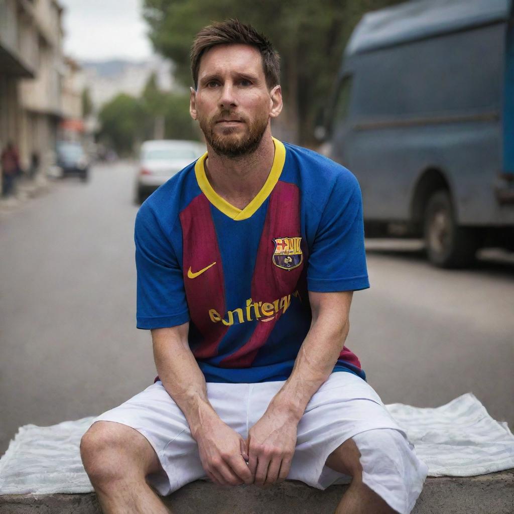 Lionel Messi in a different light, on the streets rather than a pitch. He's sitting on a worn-out blanket, wearing simple, nonsportive clothes, looking hopeful and resilient amidst the challenges of life.