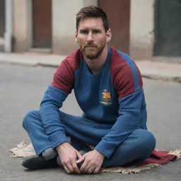 Lionel Messi in a different light, on the streets rather than a pitch. He's sitting on a worn-out blanket, wearing simple, nonsportive clothes, looking hopeful and resilient amidst the challenges of life.