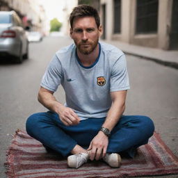 Lionel Messi in a different light, on the streets rather than a pitch. He's sitting on a worn-out blanket, wearing simple, nonsportive clothes, looking hopeful and resilient amidst the challenges of life.