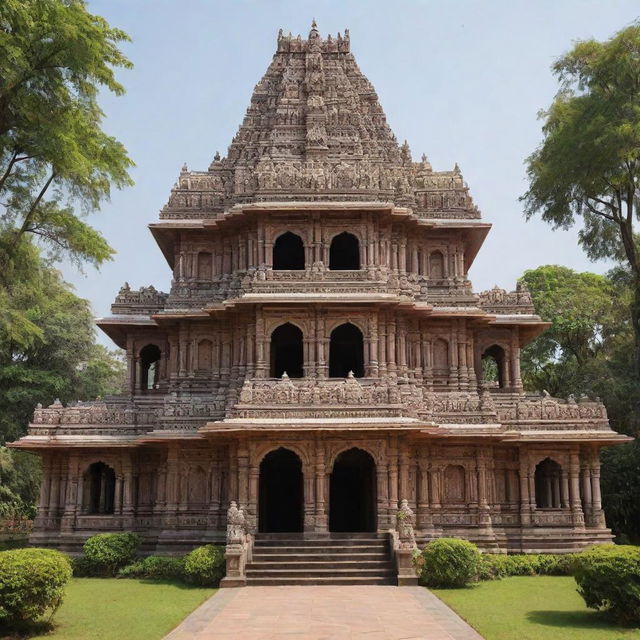 A beautifully constructed Raam Mandir, an ornate Hindu temple dedicated to Lord Rama, in daylight with intricate architectural designs and surrounded by lush greenery.